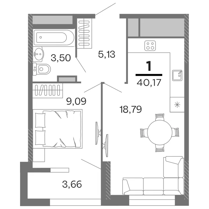Планировка 1-комнатная, 40.17 м²