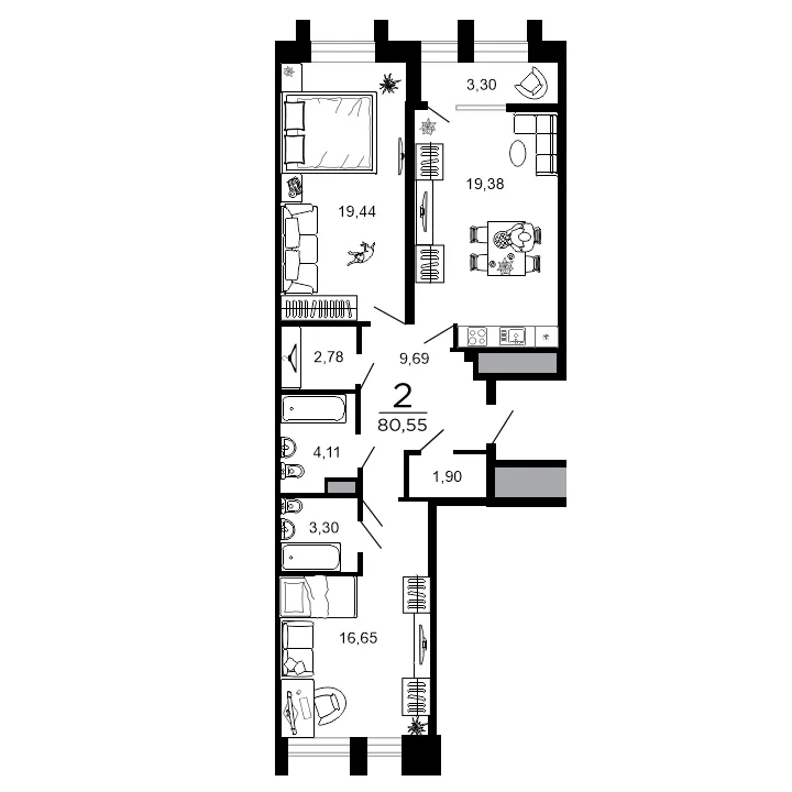 Планировка 2-комнатная, 80.55 м²