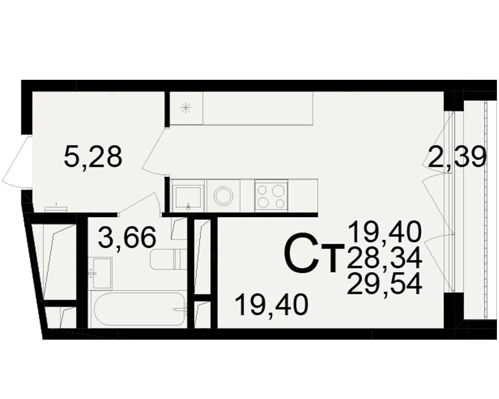 Планировка 1-комнатная, 29.54 м²