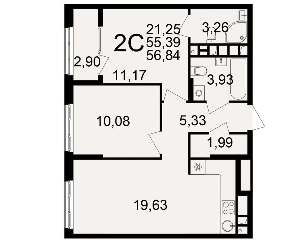 Планировка 2-комнатная, 56.84 м²