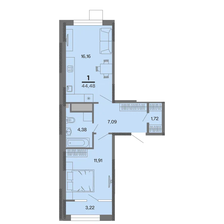 Планировка 1-комнатная, 44.48 м²