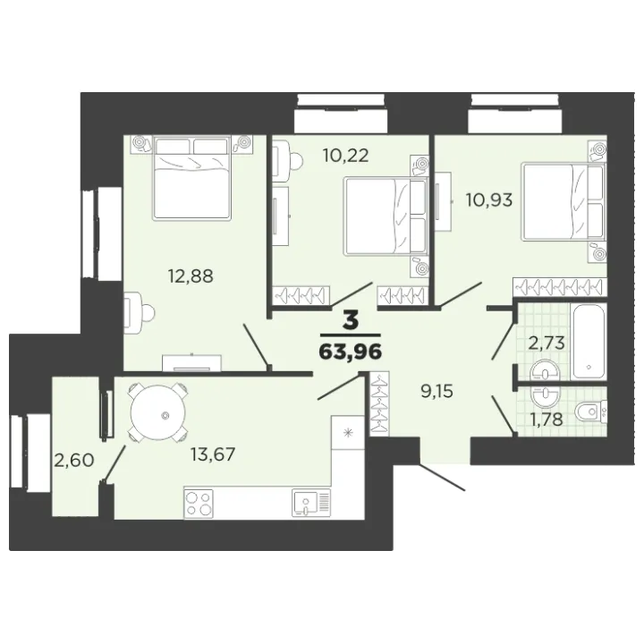 Планировка 3-комнатная, 63.96 м²