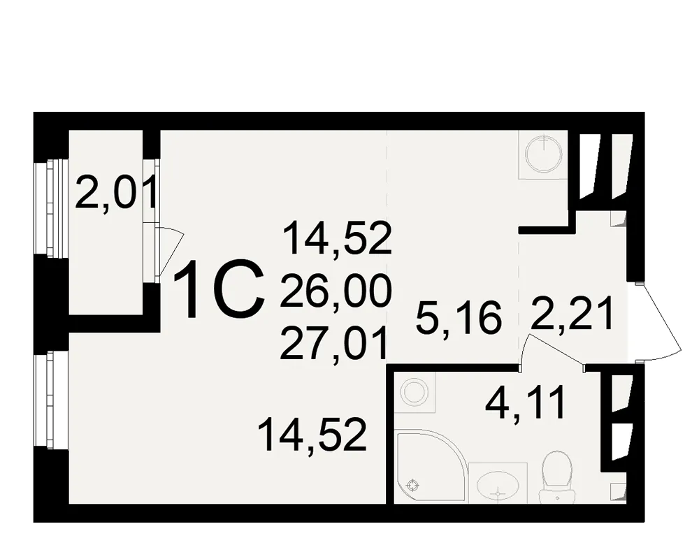 Планировка 1-комнатная, 27.01 м²