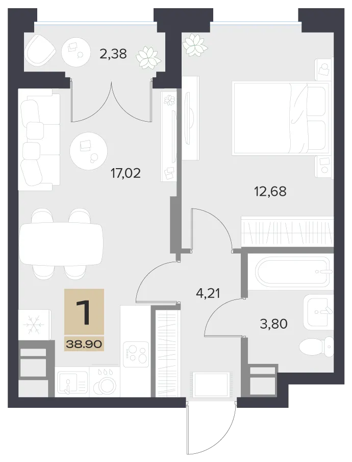 Планировка 1-комнатная, 38.9 м²