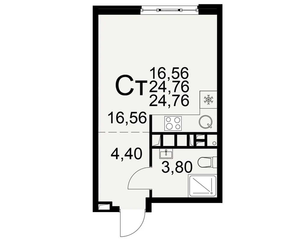 Планировка 1-комнатная, 24.76 м²