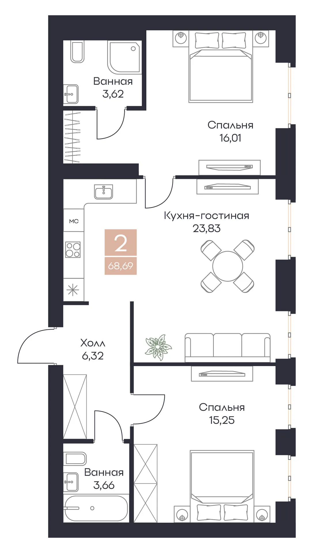 Планировка 2-комнатная