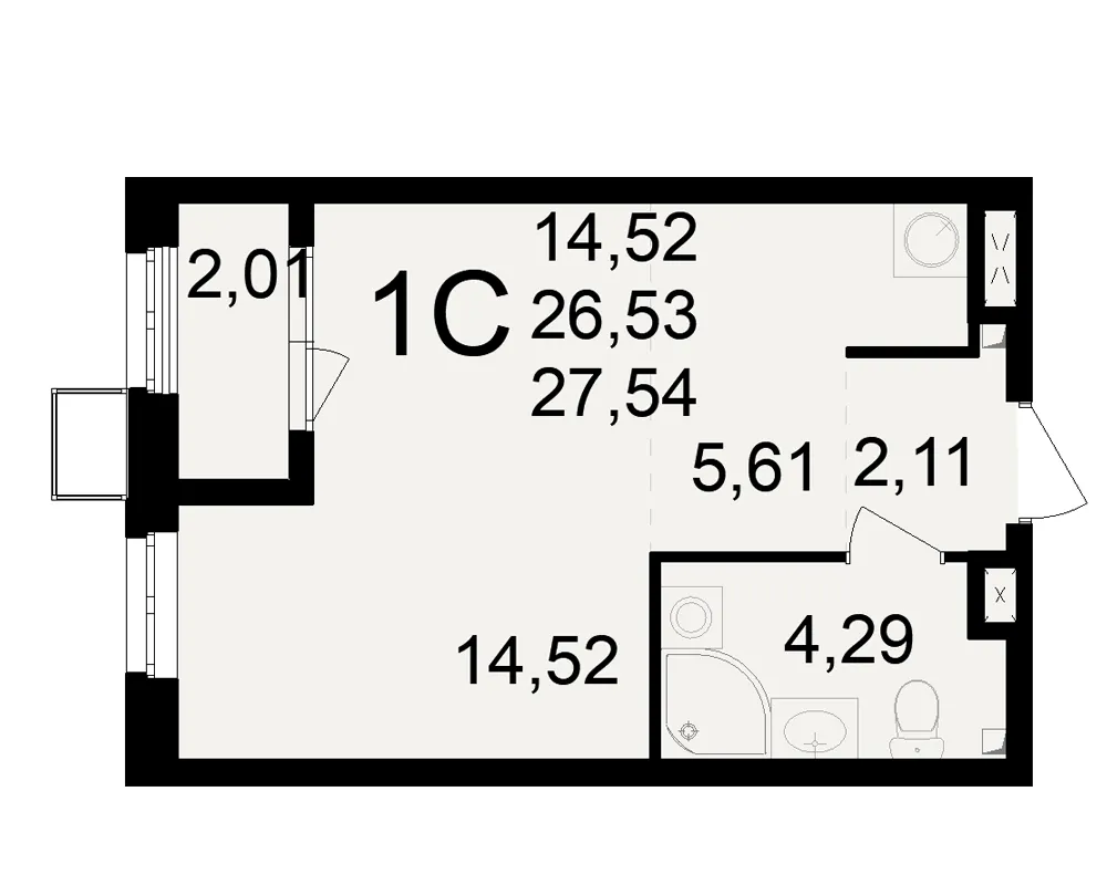 Планировка 1-комнатная, 27.54 м²