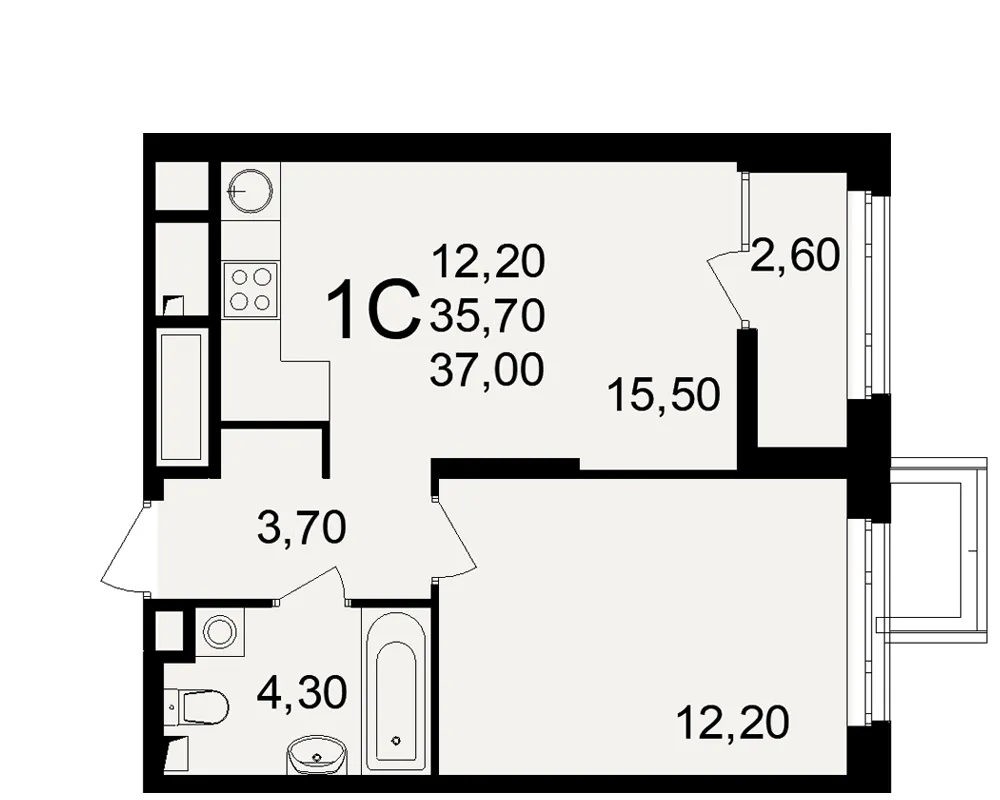 Планировка 1-комнатная, 37 м²