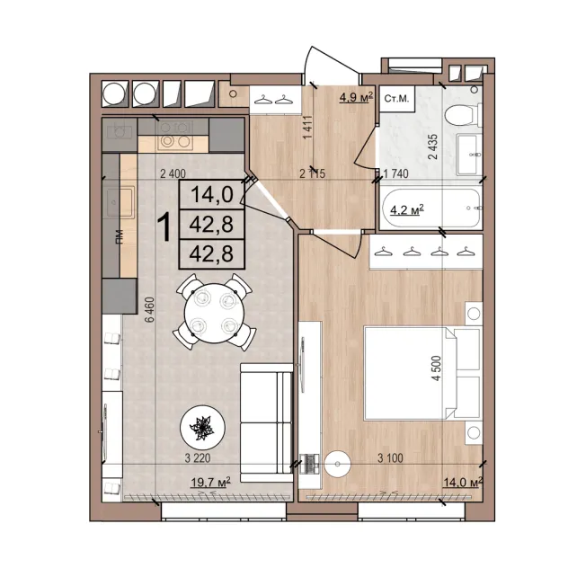 Планировка 1-комнатная, 42.8 м²