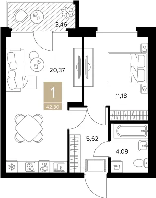 Планировка 1-комнатная, 42.3 м²