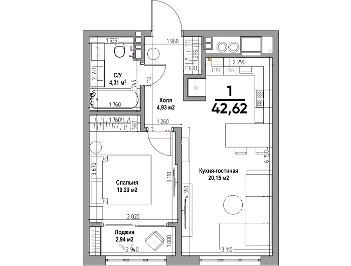 Планировка 1-комнатная, 42.62 м²