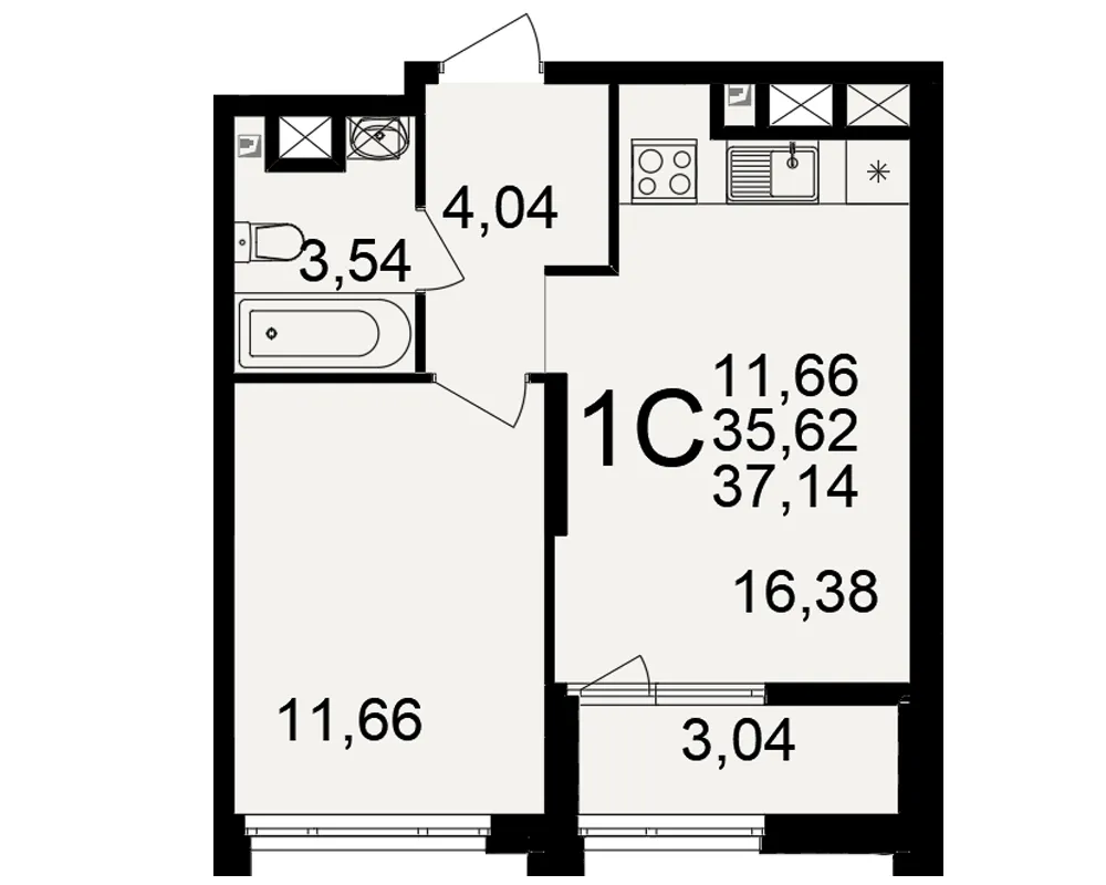 Планировка 1-комнатная, 37.14 м²