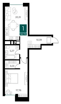 Планировка 1-комнатная, 56.76 м²