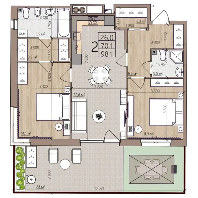 Планировка 2-комнатная, 98.1 м²