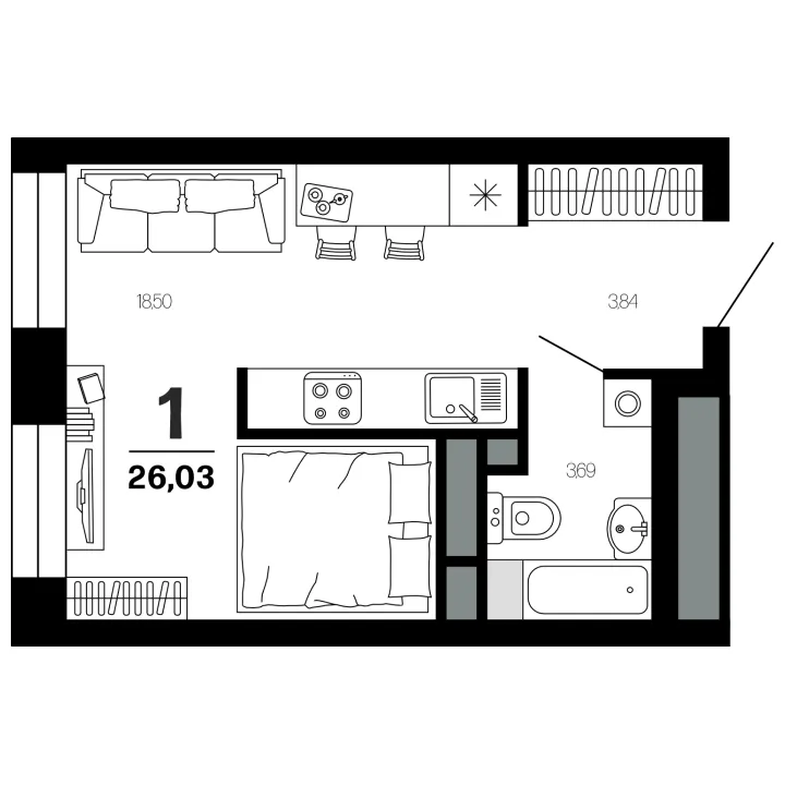 Планировка 1-комнатная, 26.03 м²