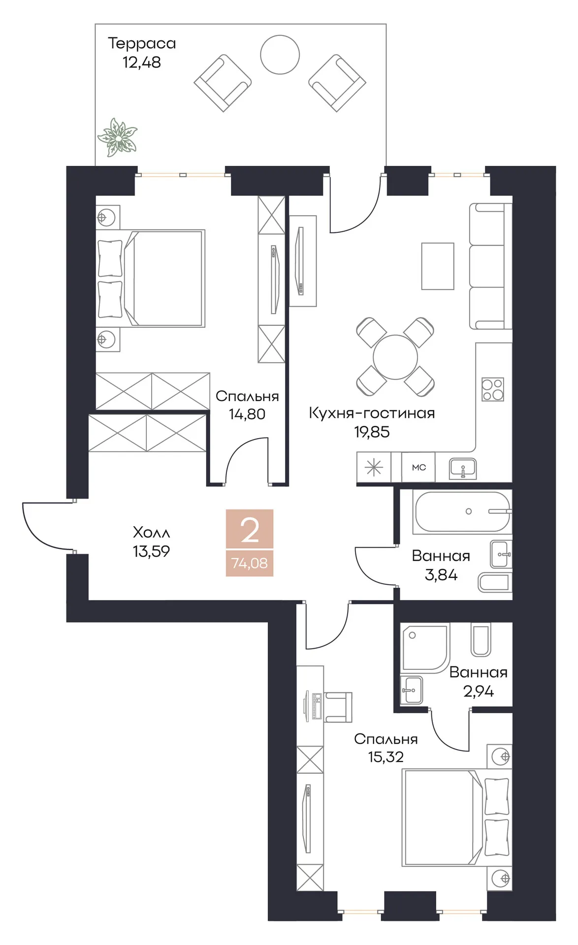 Планировка 2-комнатная, 74.08 м²