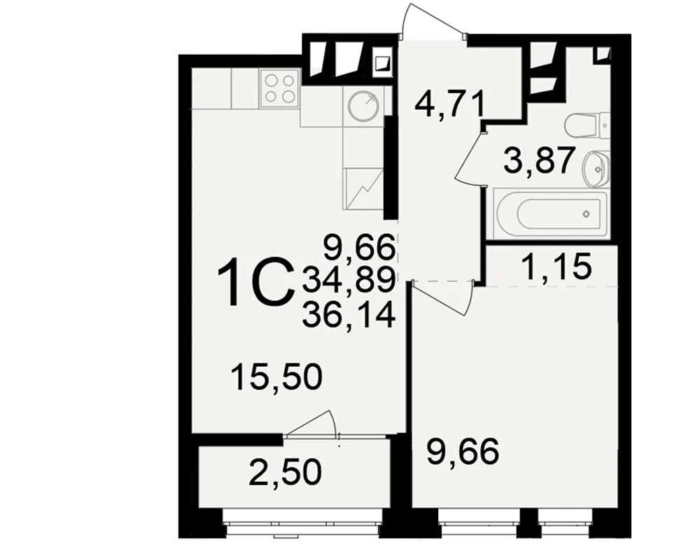 Планировка 1-комнатная, 36.14 м²