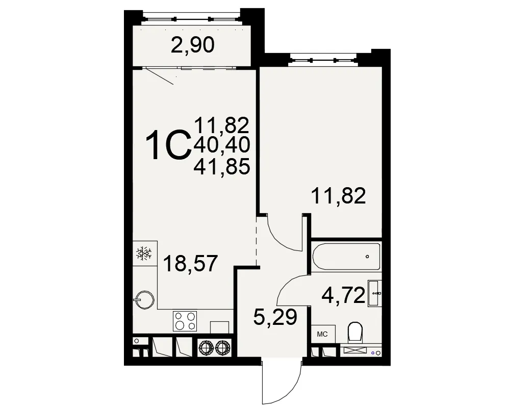 Планировка 1-комнатная, 41.85 м²
