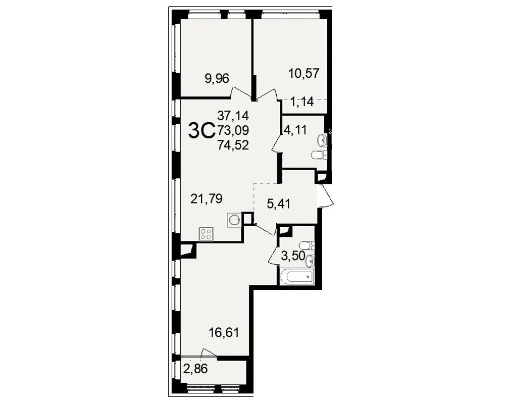 Планировка 3-комнатная, 74.52 м²
