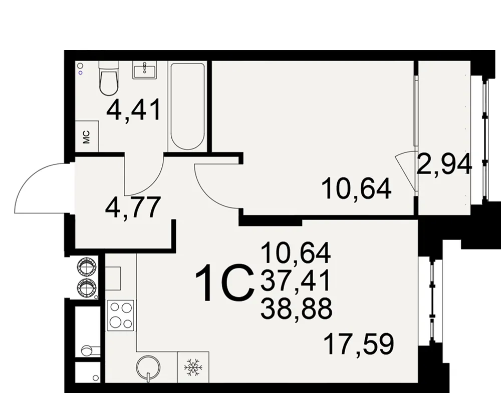 Планировка 1-комнатная, 38.88 м²