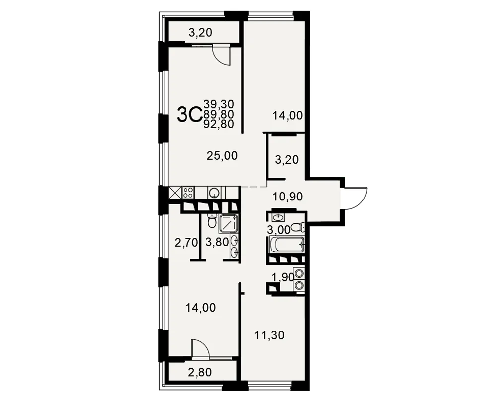 Планировка 3-комнатная, 92.8 м²