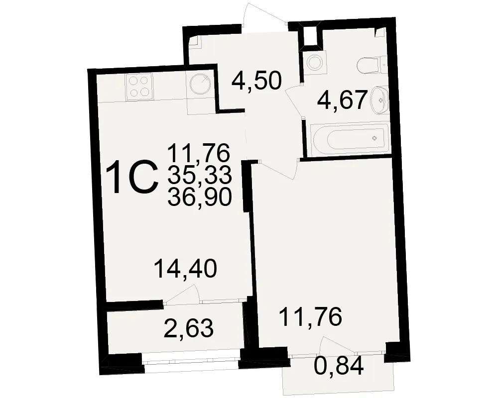 Планировка 1-комнатная, 36.9 м²