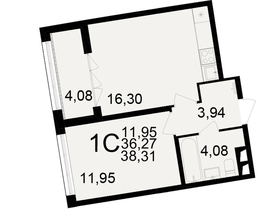 Планировка 1-комнатная, 38.31 м²