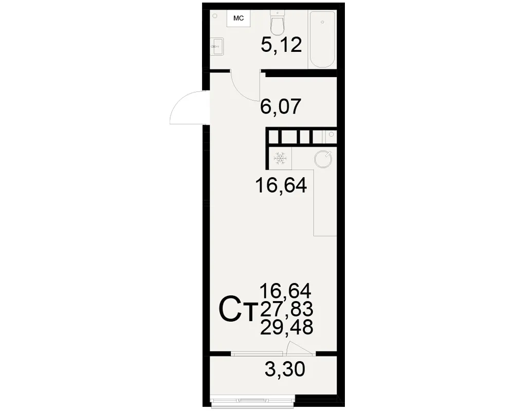 Планировка 1-комнатная, 29.48 м²