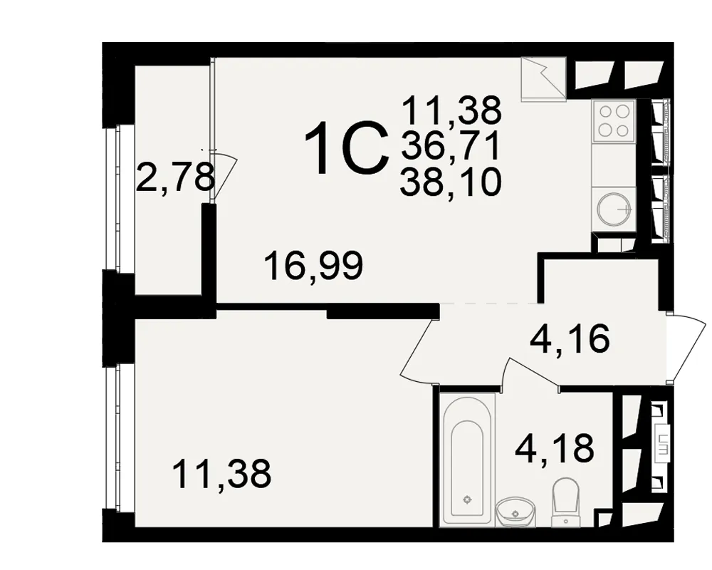 Планировка 1-комнатная, 38.1 м²