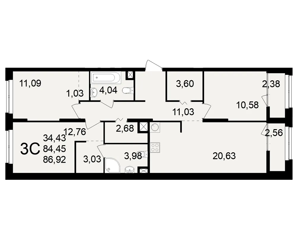 Планировка 3-комнатная, 86.92 м²