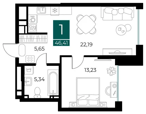 Планировка 1-комнатная, 46.41 м²