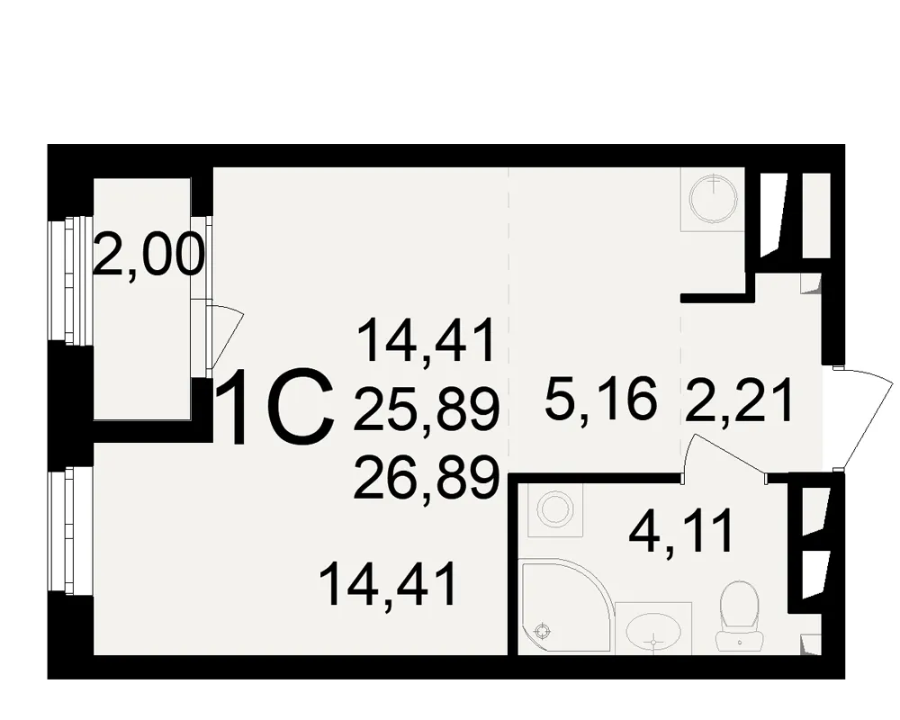 Планировка 1-комнатная, 26.89 м²