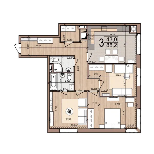Планировка 3-комнатная, 88.2 м²