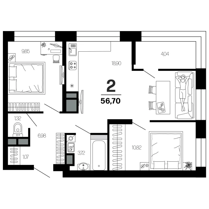 Планировка 2-комнатная, 56.7 м²