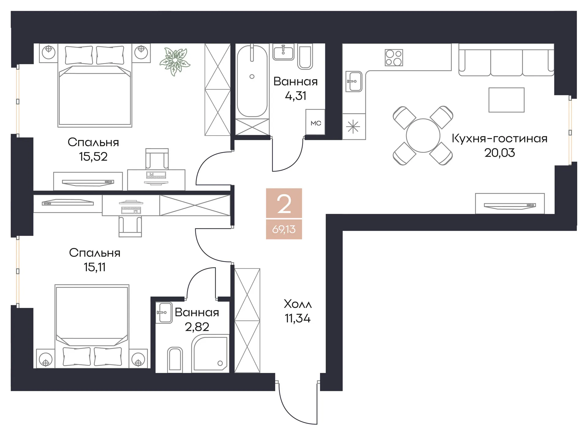 Планировка 2-комнатная, 69.13 м²