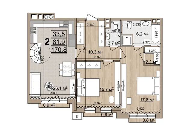 Планировка 2-комнатная, 170.8 м²