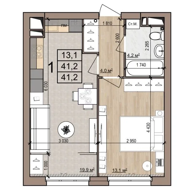 Планировка 1-комнатная, 41.2 м²