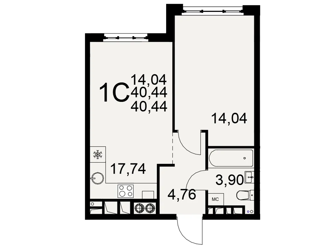 Планировка 1-комнатная, 40.44 м²
