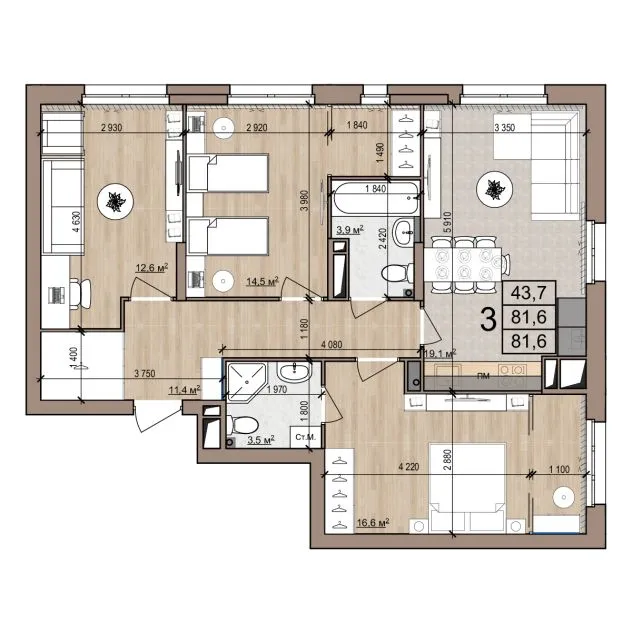 Планировка 3-комнатная, 81.6 м²