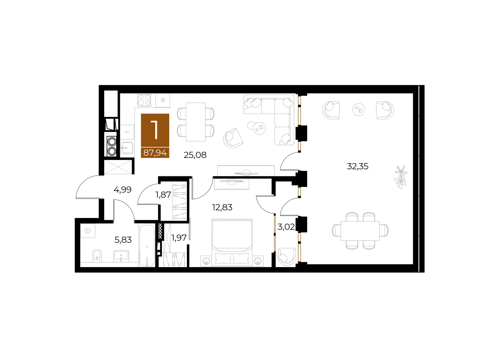 Планировка 1-комнатная, 87.94 м²