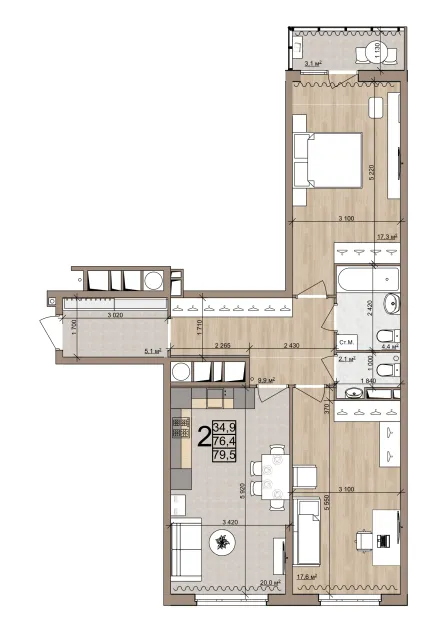 Планировка 2-комнатная, 79.5 м²