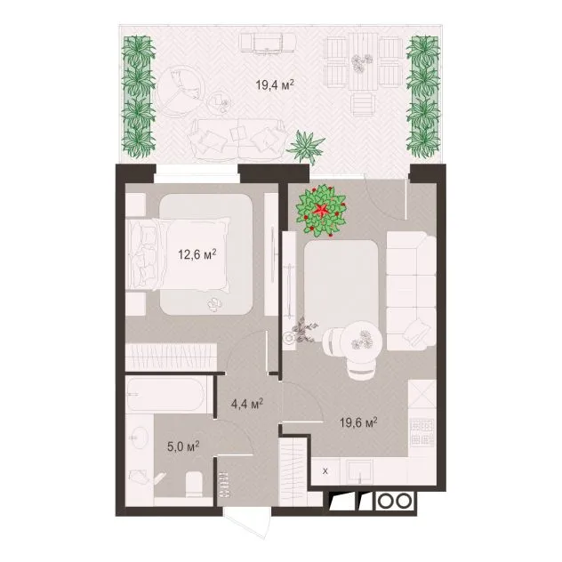 Планировка 1-комнатная, 61.6 м²