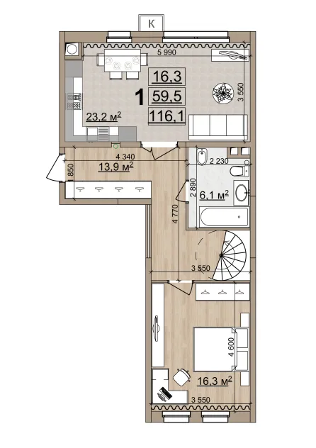 Планировка 1-комнатная, 116.1 м²