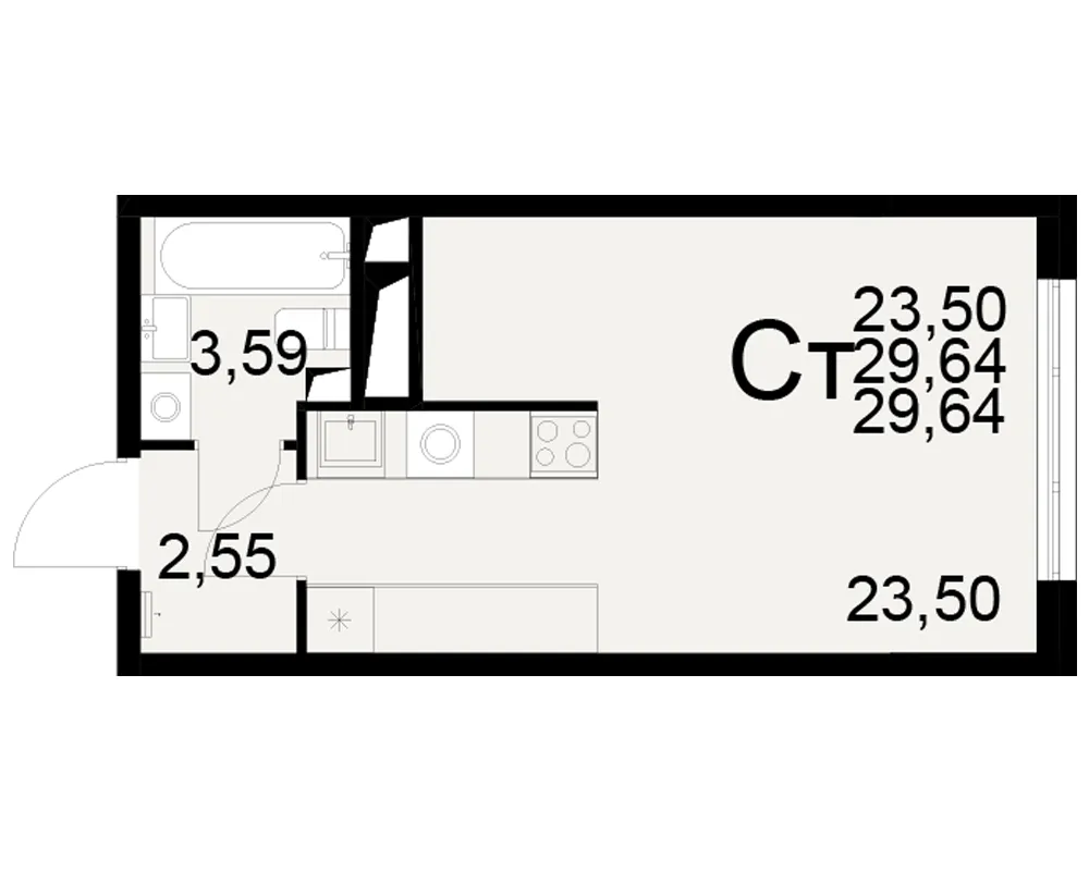 Планировка 1-комнатная, 29.64 м²