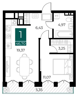 Планировка 1-комнатная, 46.7 м²
