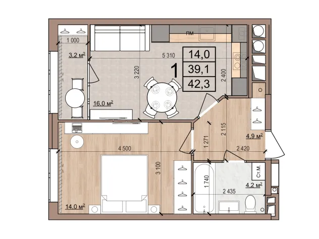Планировка 1-комнатная, 42.3 м²