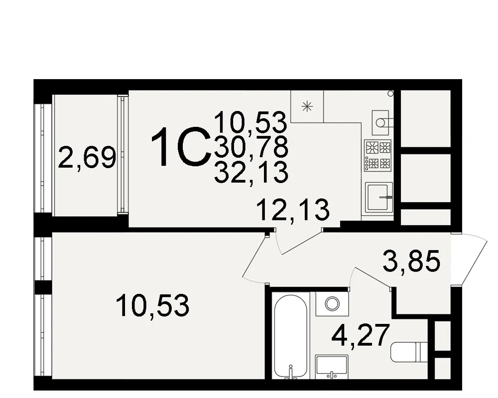 Планировка 1-комнатная, 32.13 м²