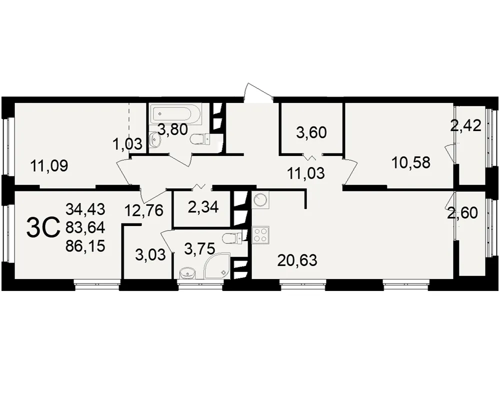 Планировка 3-комнатная, 86.15 м²