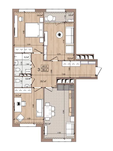 Планировка 3-комнатная, 86.4 м²