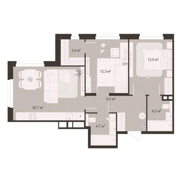 Планировка 2-комнатная, 66.9 м²